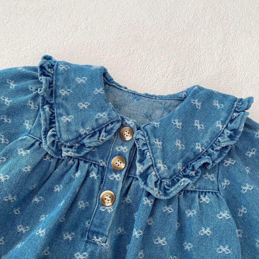 Light wash bow-print denim baby girl dress with oversized ruffle collar – AWA Baby Boutique