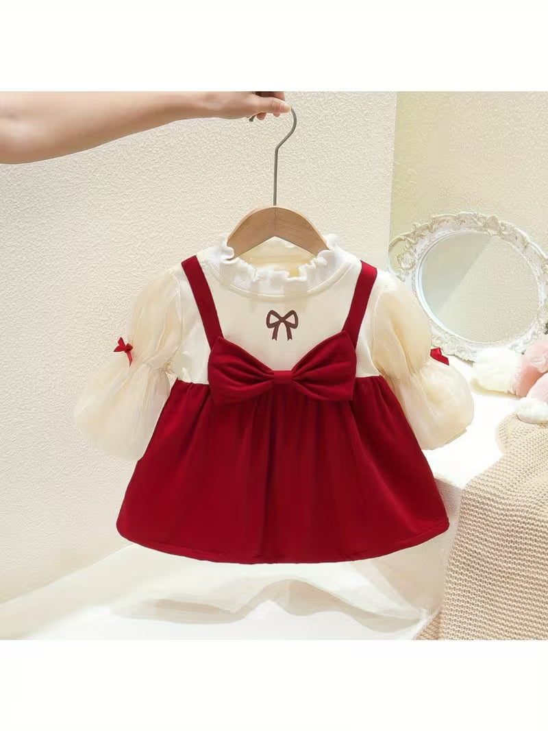 Oversized Bow Pinafore Dress – Burgundy & Cream