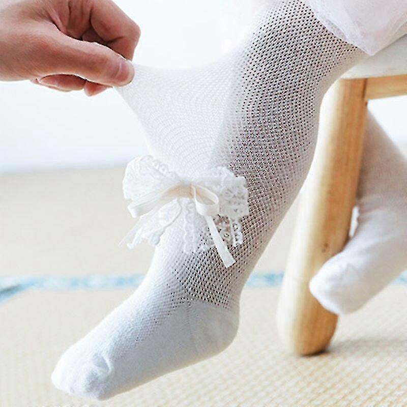 White Mesh Bow Tights with Lace & Pearl Ankle Bow – Baby Girl Baptism Tights