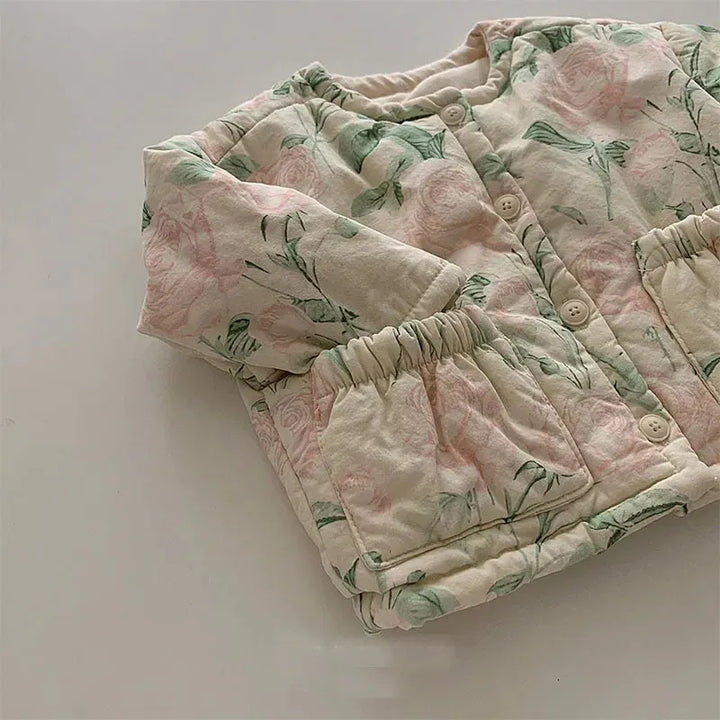 Vintage Rose Floral Quilted Jacket with Pockets