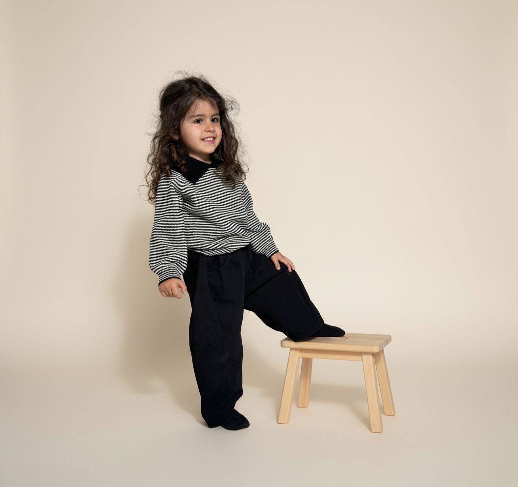 Navy and cream Breton stripe baby girl knit sweater with vintage statement collar – AWA Baby