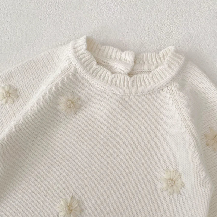 Baby Girl Daisy Embroidered Knit Romper – Cream Scalloped Sweater with Wooden Buttons