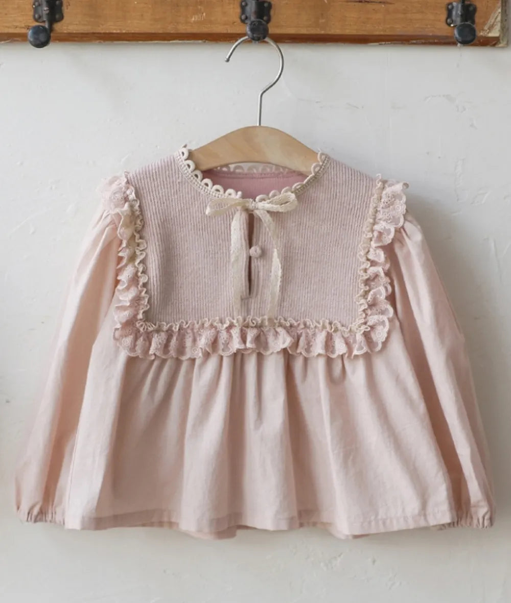 Dusty pink Victorian ruffle baby girl blouse with lace bib detail – AWA Baby Boutique