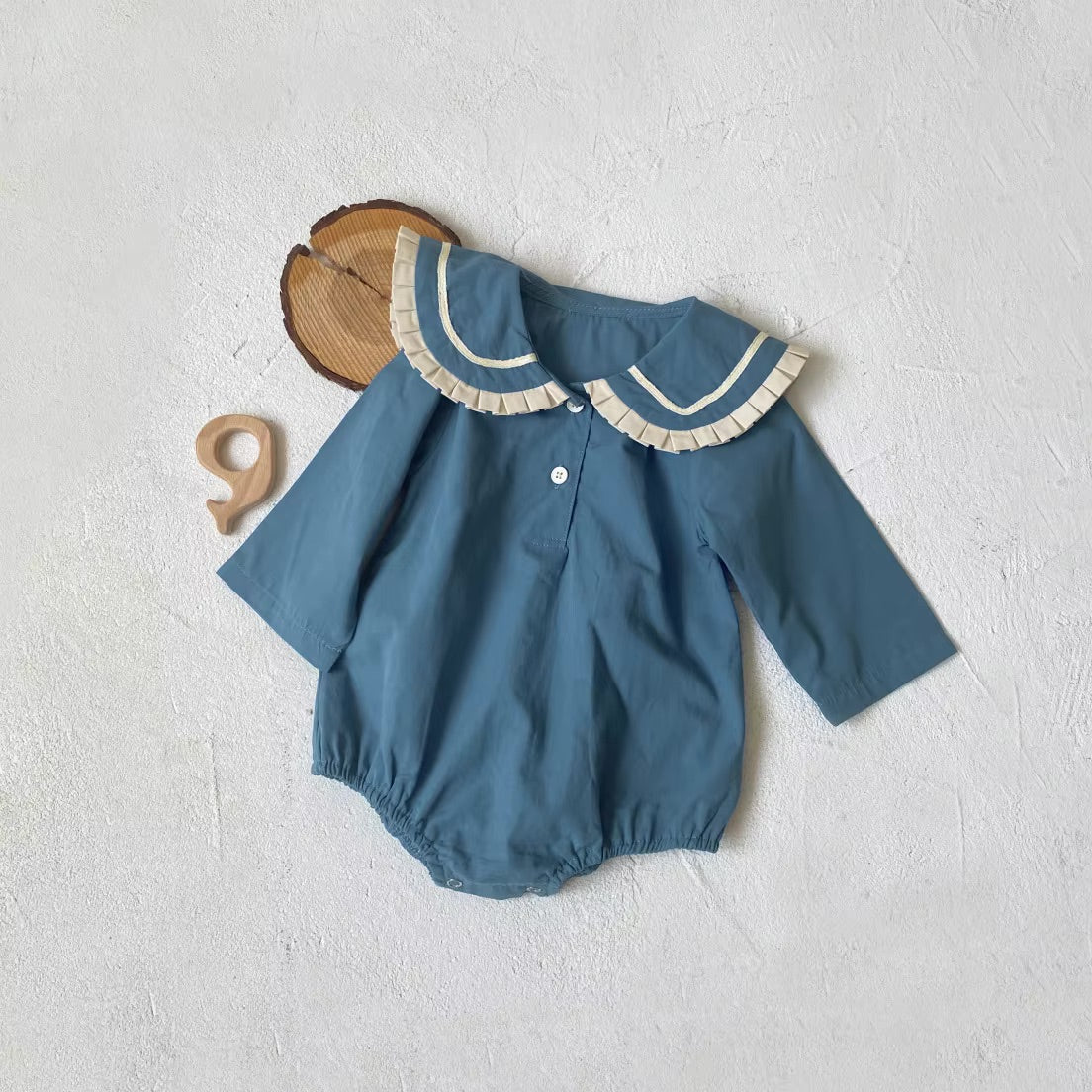 Dusty blue vintage pleated baby girl romper with Peter Pan collar – AWA Baby Boutique