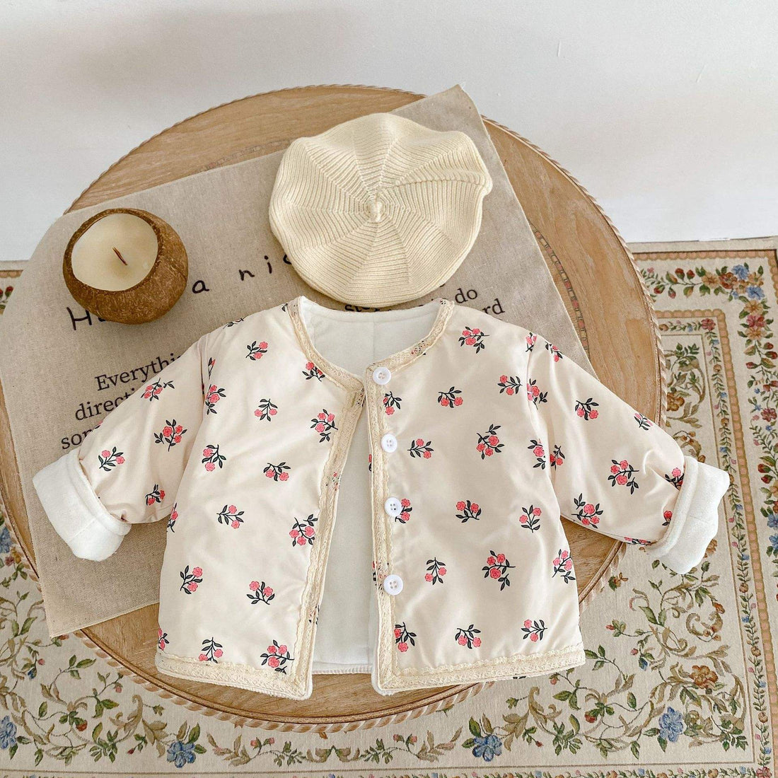 Cream cherry blossom quilted baby girl jacket with vintage lace trim – AWA Baby Boutique