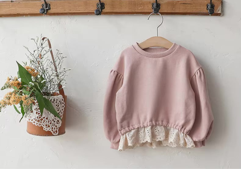 Dusty pink eyelet lace ruffle baby girl sweatshirt with broderie anglaise peplum hem – AWA Baby