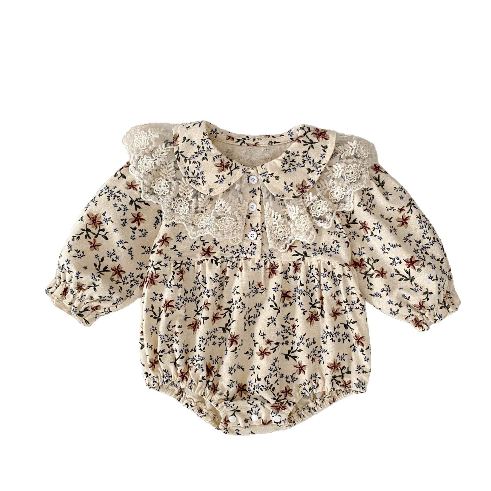 Vintage cream floral baby girl romper with lace statement collar in autumn blossom print – AWA Baby