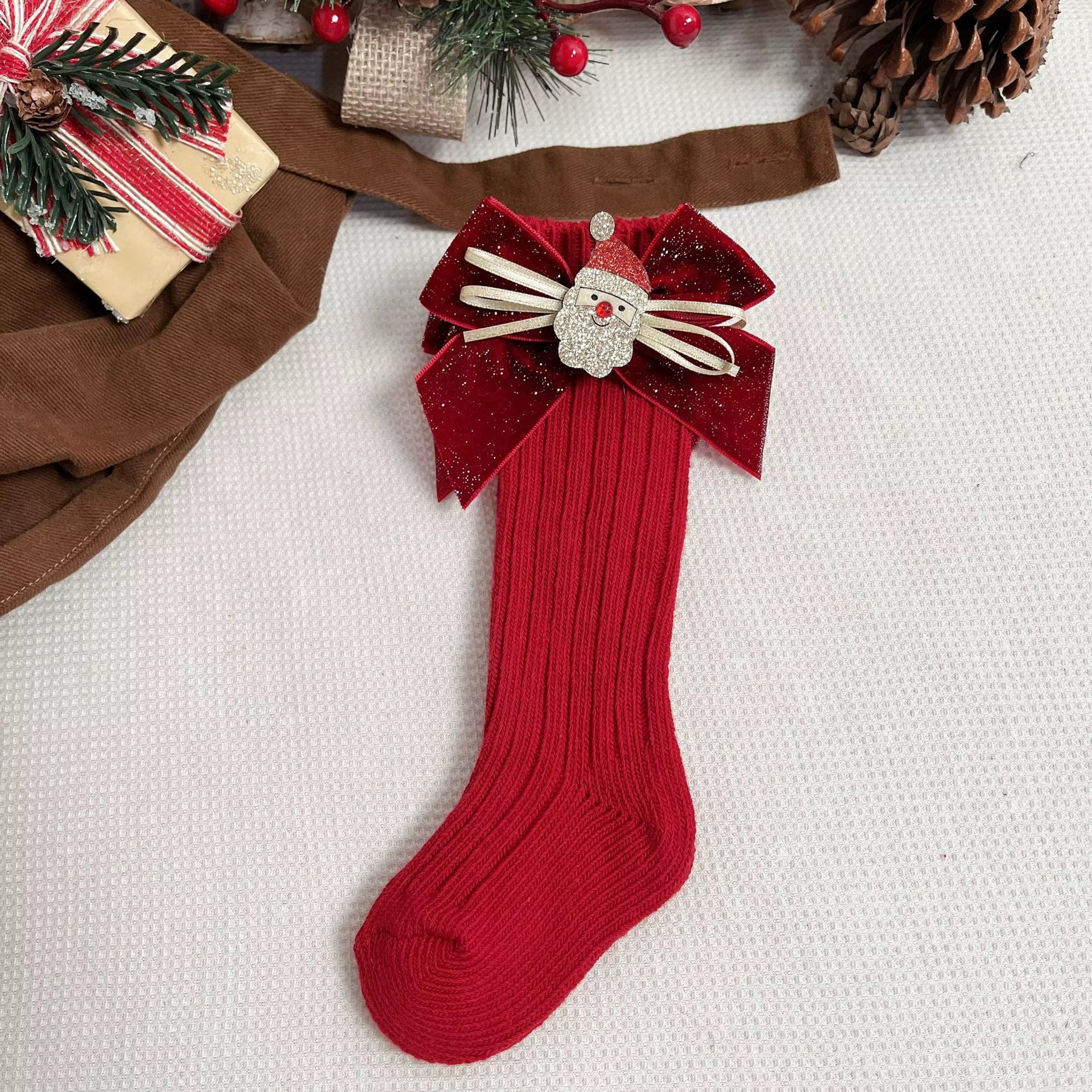 Red Christmas velvet glitter bow knee-high baby girl socks – AWA Baby Boutique