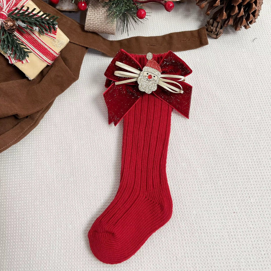 Red Christmas velvet glitter bow knee-high baby girl socks – AWA Baby Boutique