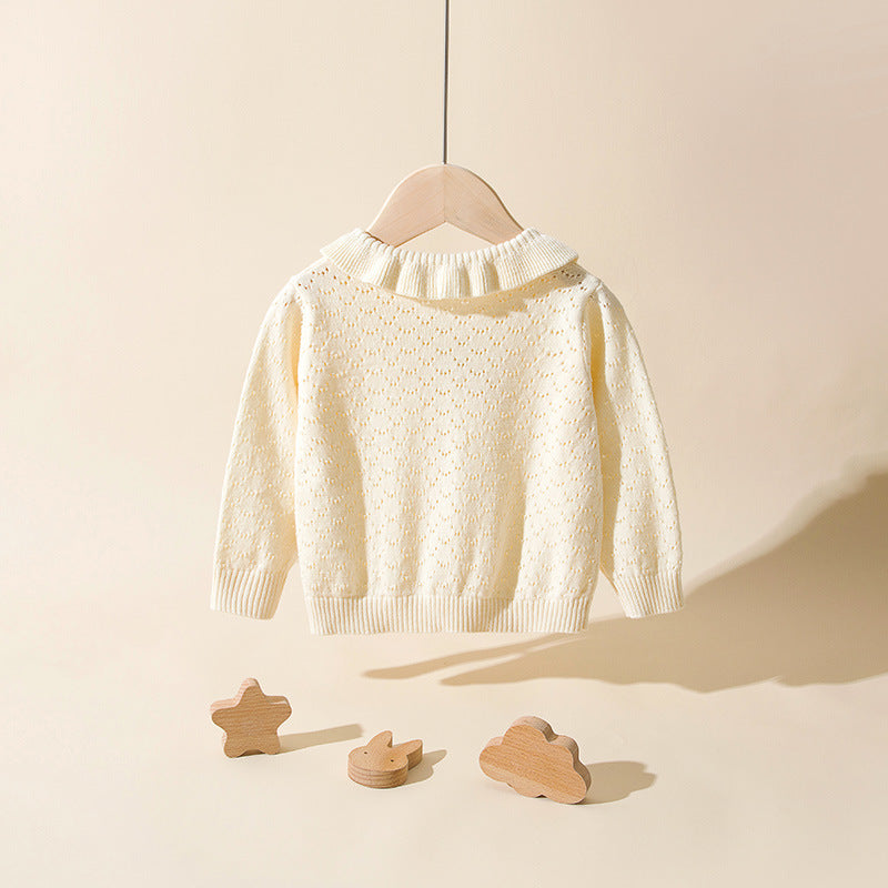 Baby girl cherry pom-pom cardigan in light apricot with ruffle collar pointelle knit – AWA Baby