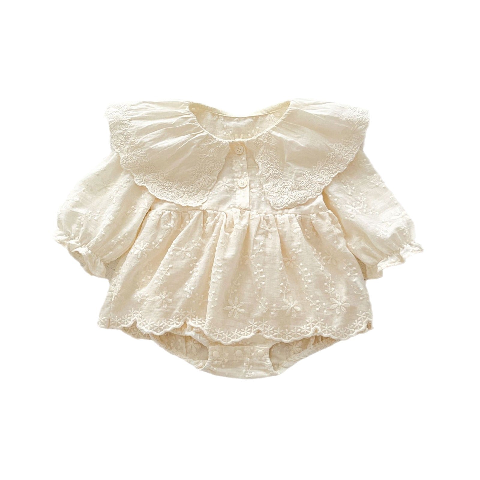 Ivory embroidered eyelet lace heirloom bubble romper with oversized collar for baby girl – AWA Baby