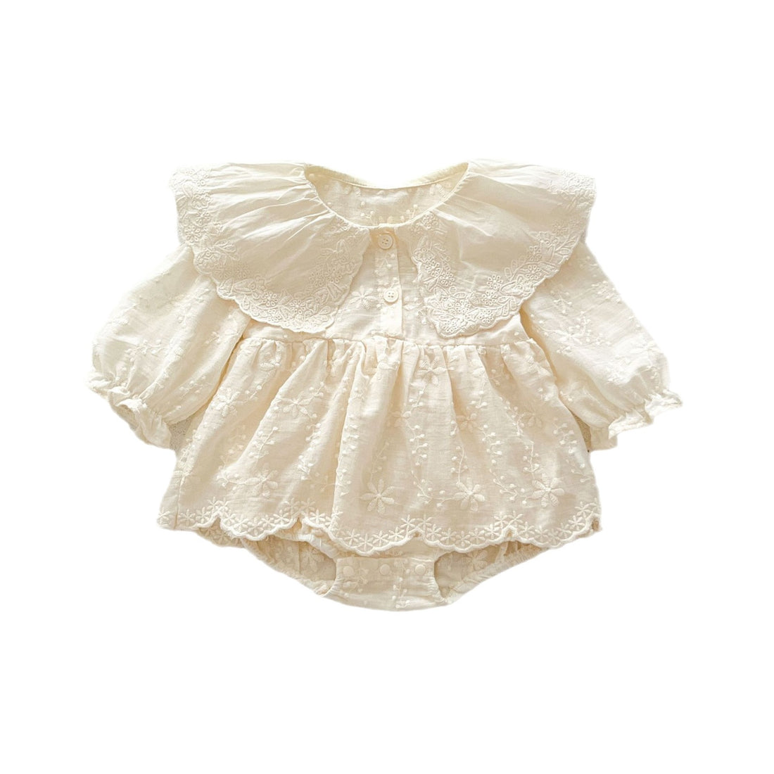 Ivory embroidered eyelet lace heirloom bubble romper with oversized collar for baby girl – AWA Baby