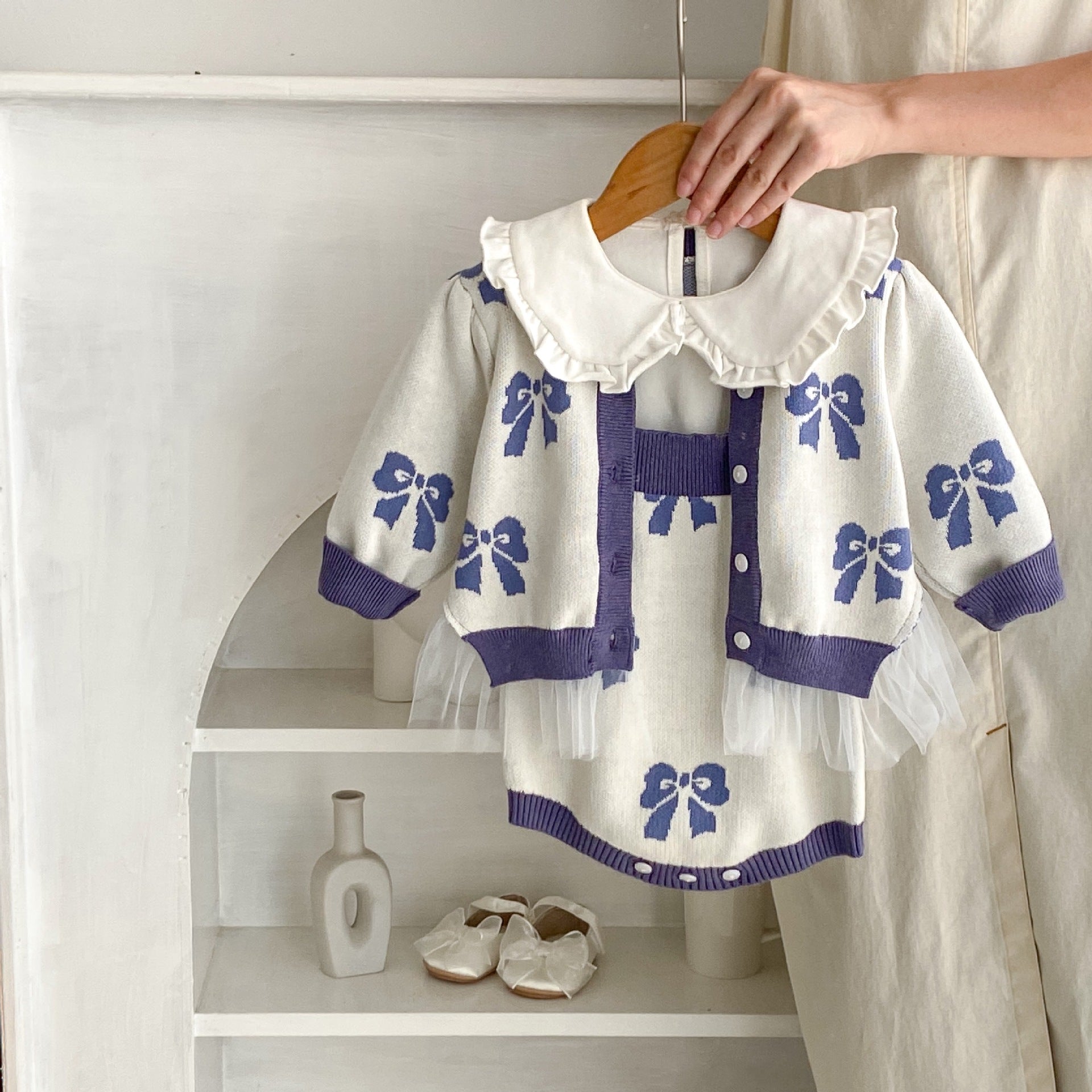 Baby girl bow-knit romper and matching cardigan two-piece set in lavender – AWA Baby Boutique