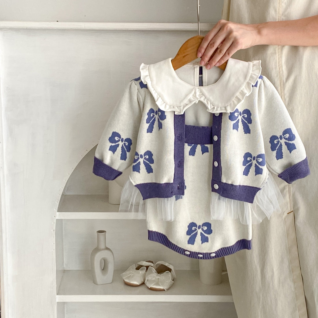 Baby girl bow-knit romper and matching cardigan two-piece set in lavender – AWA Baby Boutique