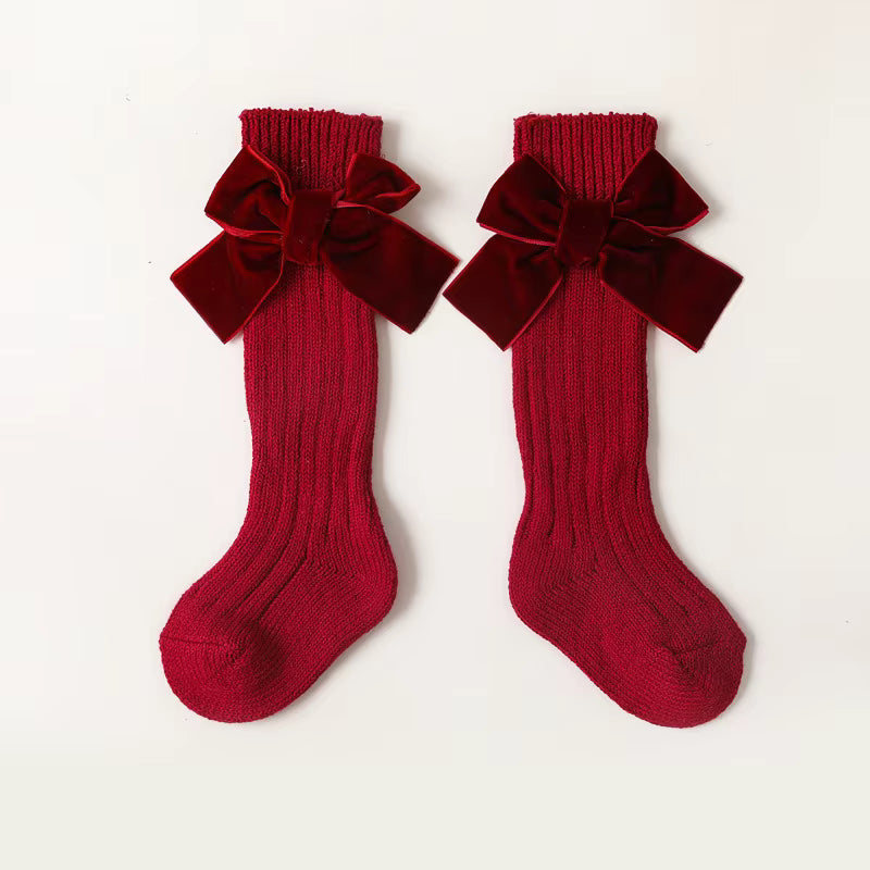 Velvet Bow Knee-High Socks – Luxury Christmas Baby Girl Socks