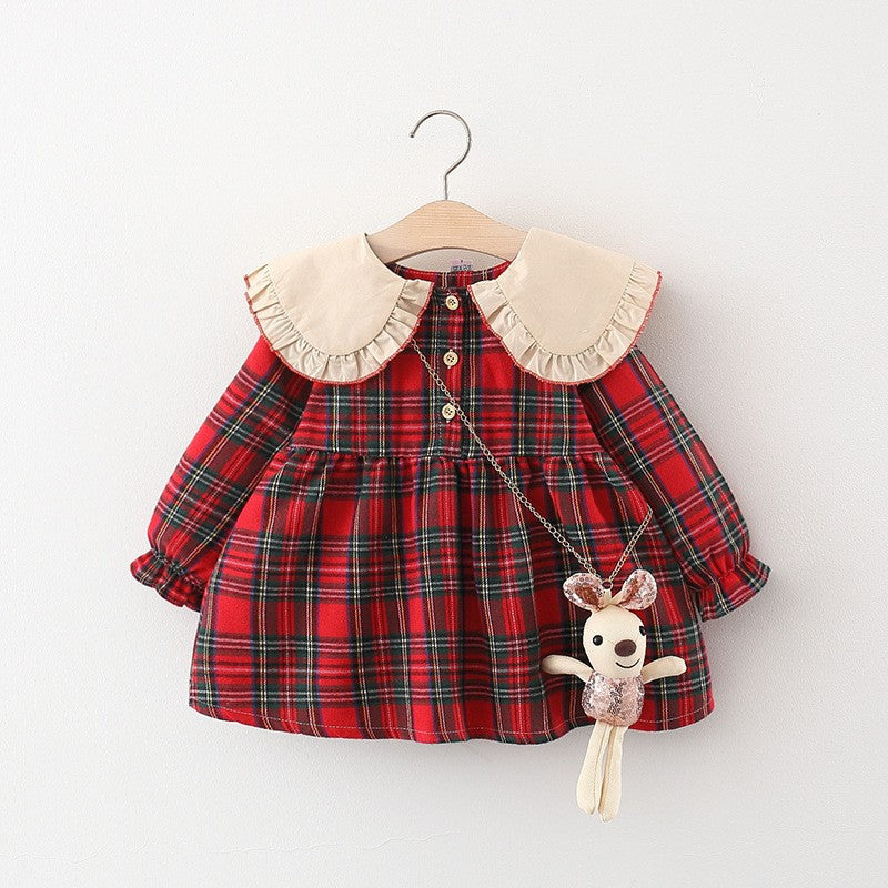 Red tartan plaid baby girl dress with cream statement collar and rabbit crossbody bag – AWA Baby