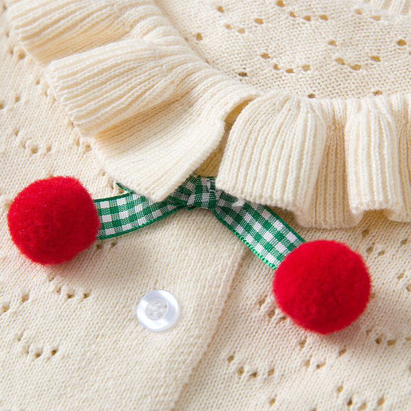 Baby girl cherry pom-pom cardigan in light apricot with ruffle collar pointelle knit – AWA Baby