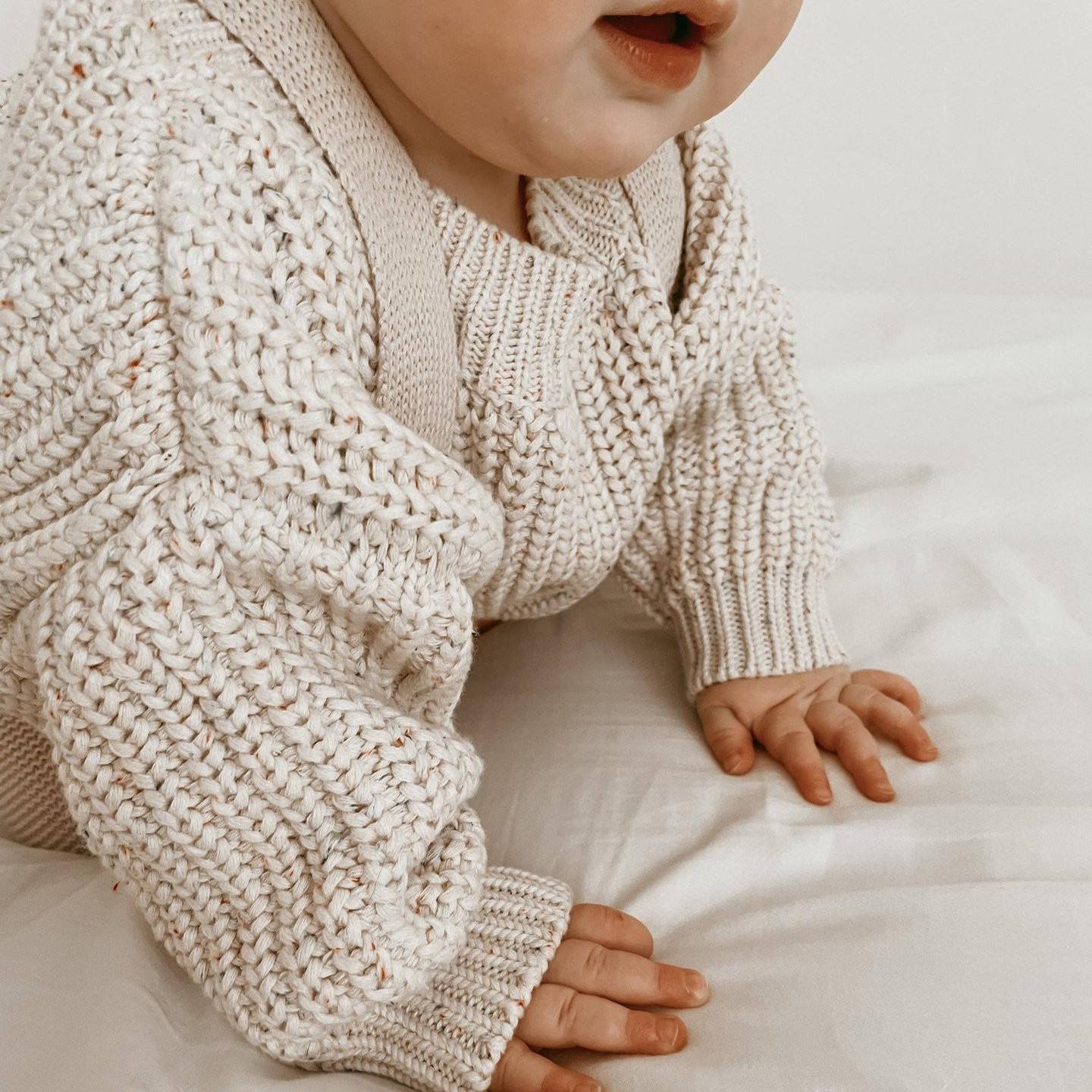 Oversized speckled cream and mauve fisherman knit baby girl sweater – AWA Baby Boutique