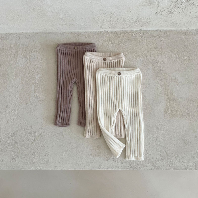 Baby toddler wide-rib knit leggings in vintage high-waist style with button detail – AWA Baby