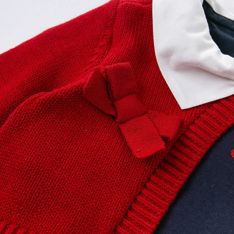 Navy and red heart print baby girl dress with built-in bolero cardigan – AWA Baby Boutique