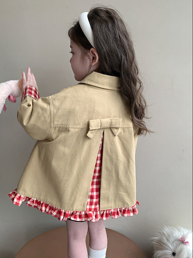 Khaki trench baby girl jacket with red gingham ruffle hem and cuffs – AWA Baby Boutique