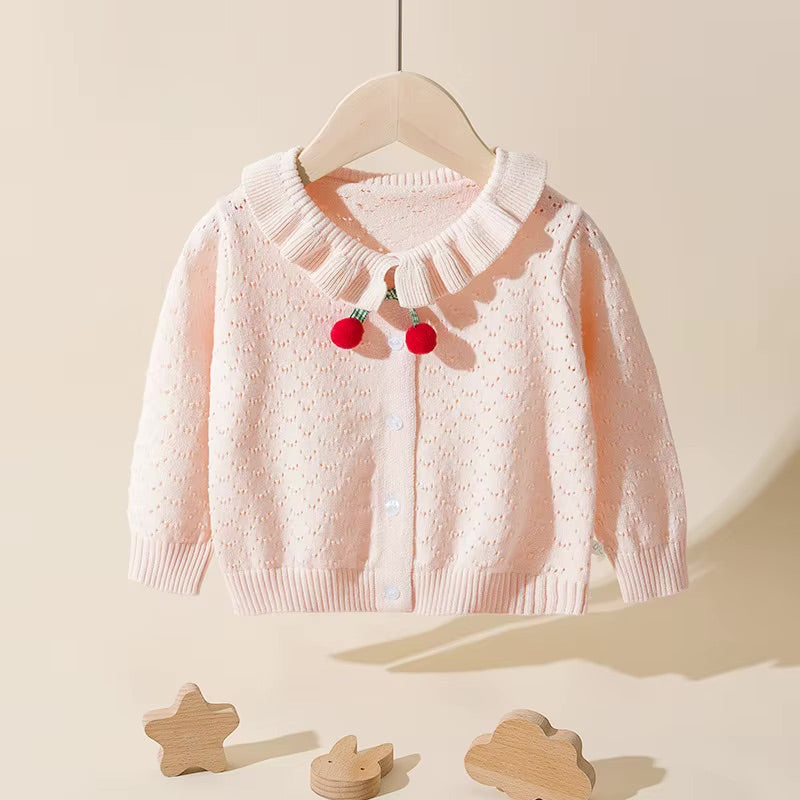 Baby girl cherry pom-pom cardigan in blush pink with ruffle collar pointelle knit – AWA Baby