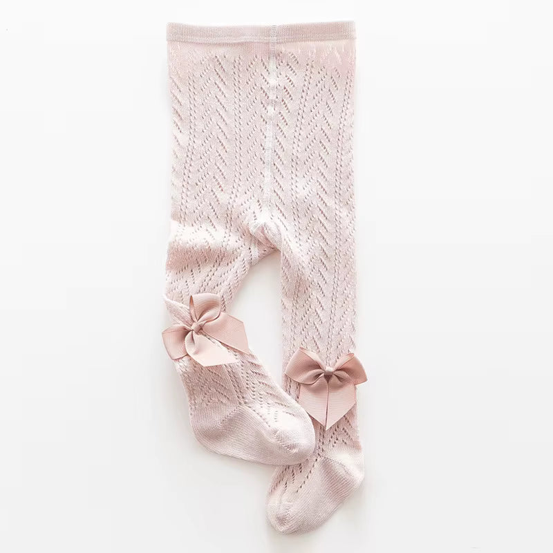 Blush pink vintage chevron pointelle baby girl tights with satin ankle bow – AWA Baby Boutique