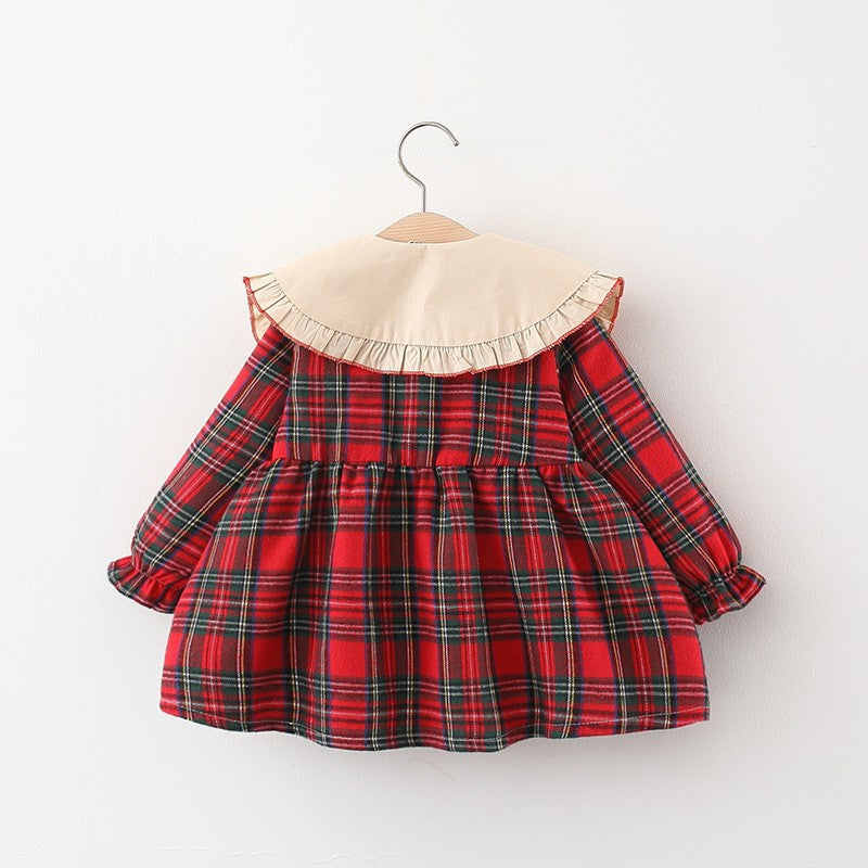 Red tartan plaid baby girl dress with cream statement collar and rabbit crossbody bag – AWA Baby