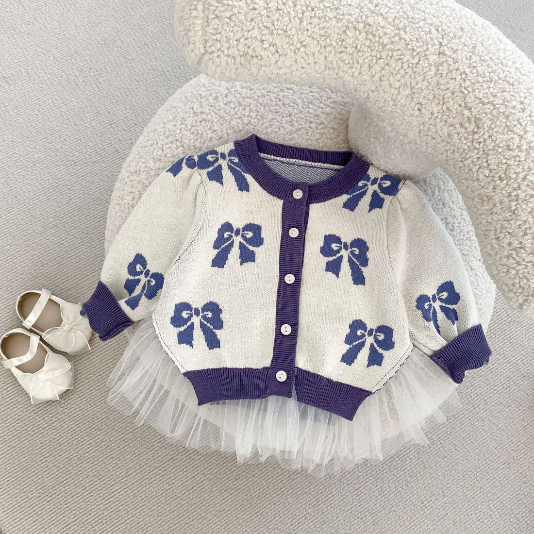 Baby girl bow-knit romper and matching cardigan two-piece set in lavender – AWA Baby Boutique