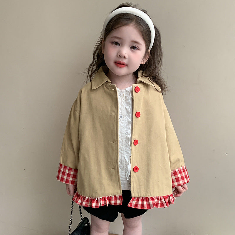 Khaki trench baby girl jacket with red gingham ruffle hem and cuffs – AWA Baby Boutique
