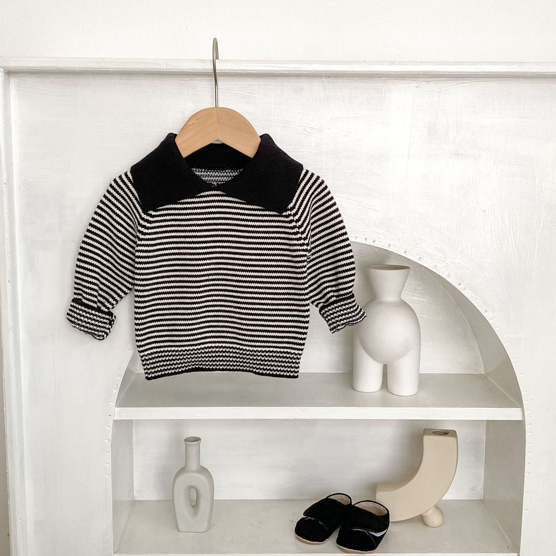 Navy and cream Breton stripe baby girl knit sweater with vintage statement collar – AWA Baby