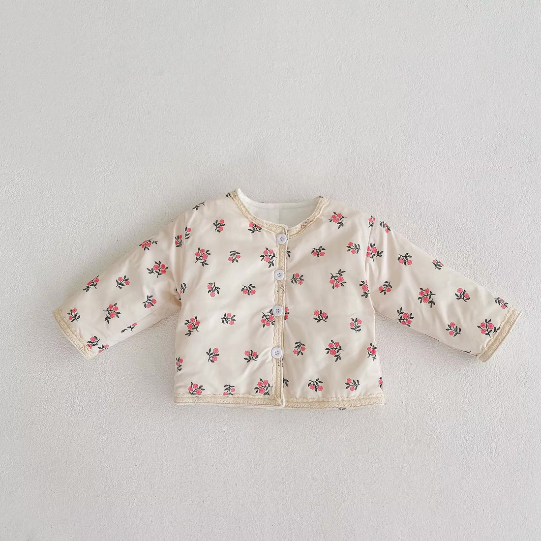 Cream cherry blossom quilted baby girl jacket with vintage lace trim – AWA Baby Boutique