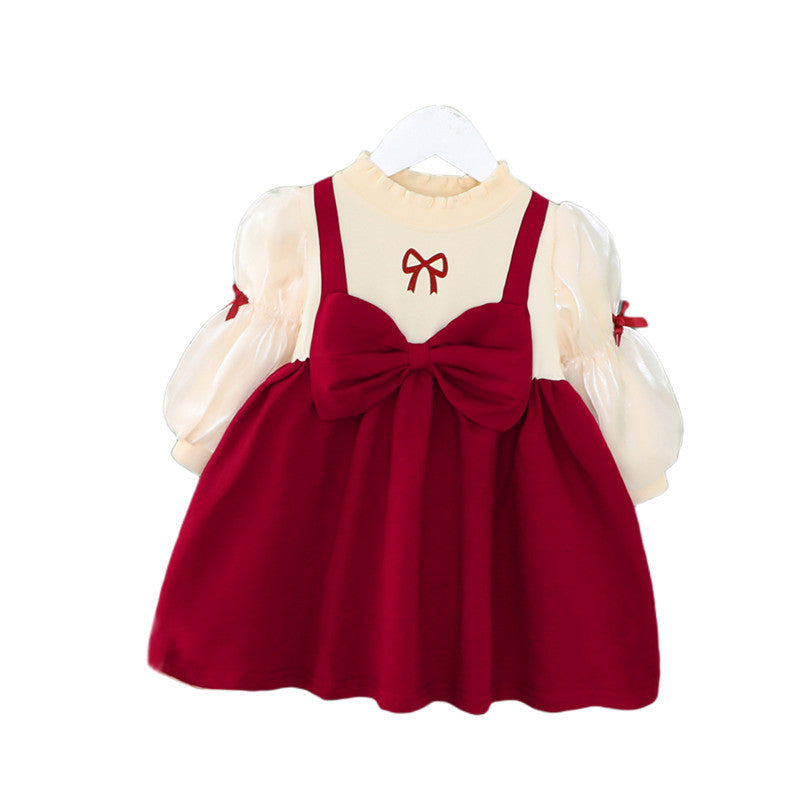 Oversized Bow Pinafore Dress – Burgundy & Cream