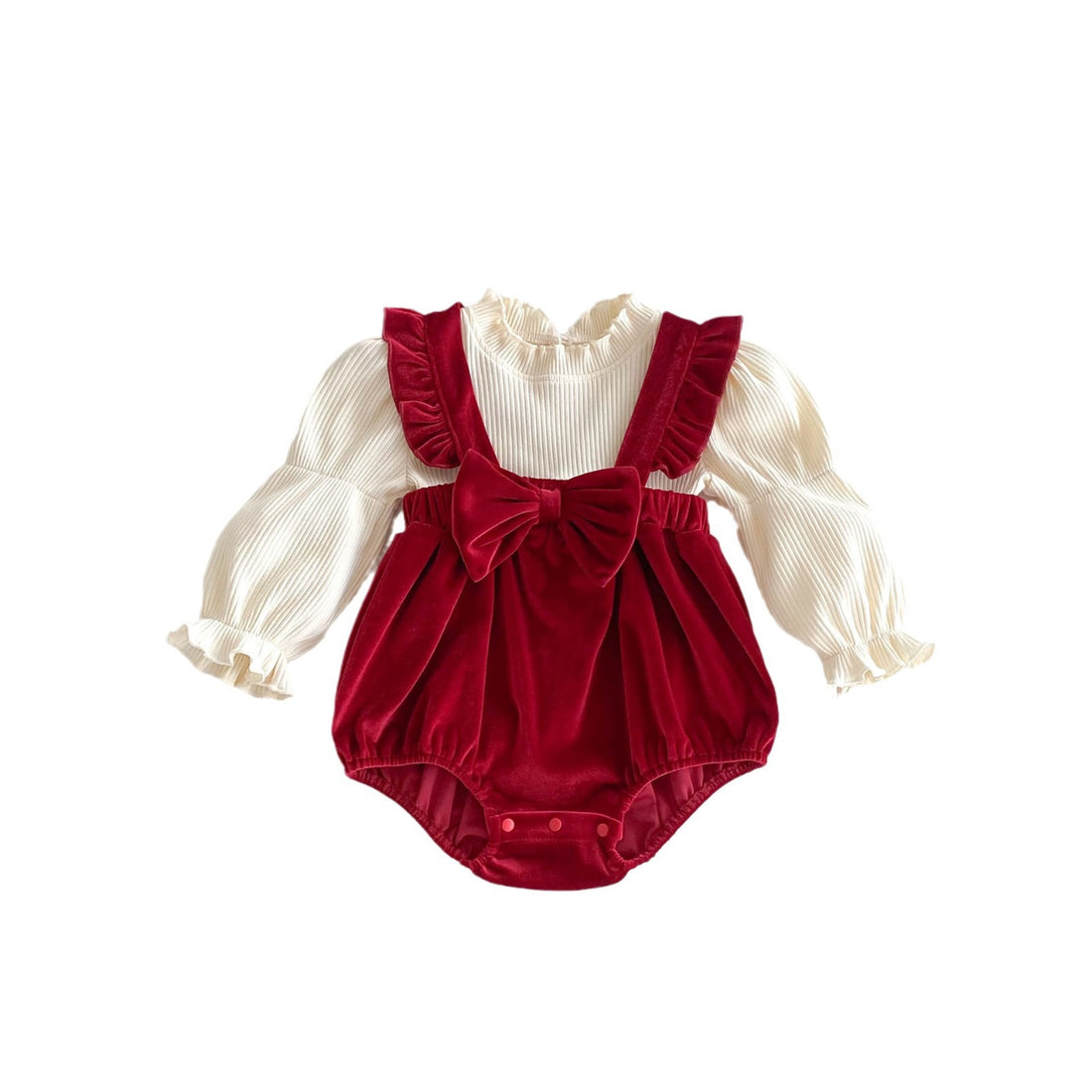 Ruby red Christmas holiday baby girl bow bubble romper with ruffled straps – AWA Baby