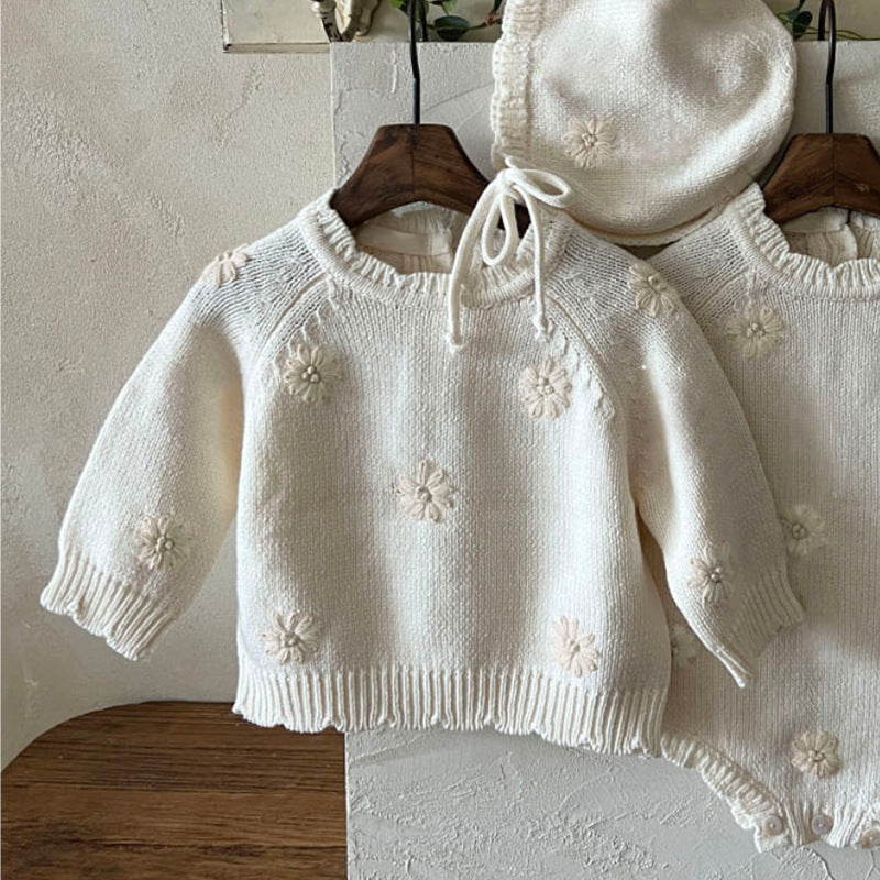 Cream embroidered daisy pearl baby girl sweater with scalloped knit and bow back – AWA Baby