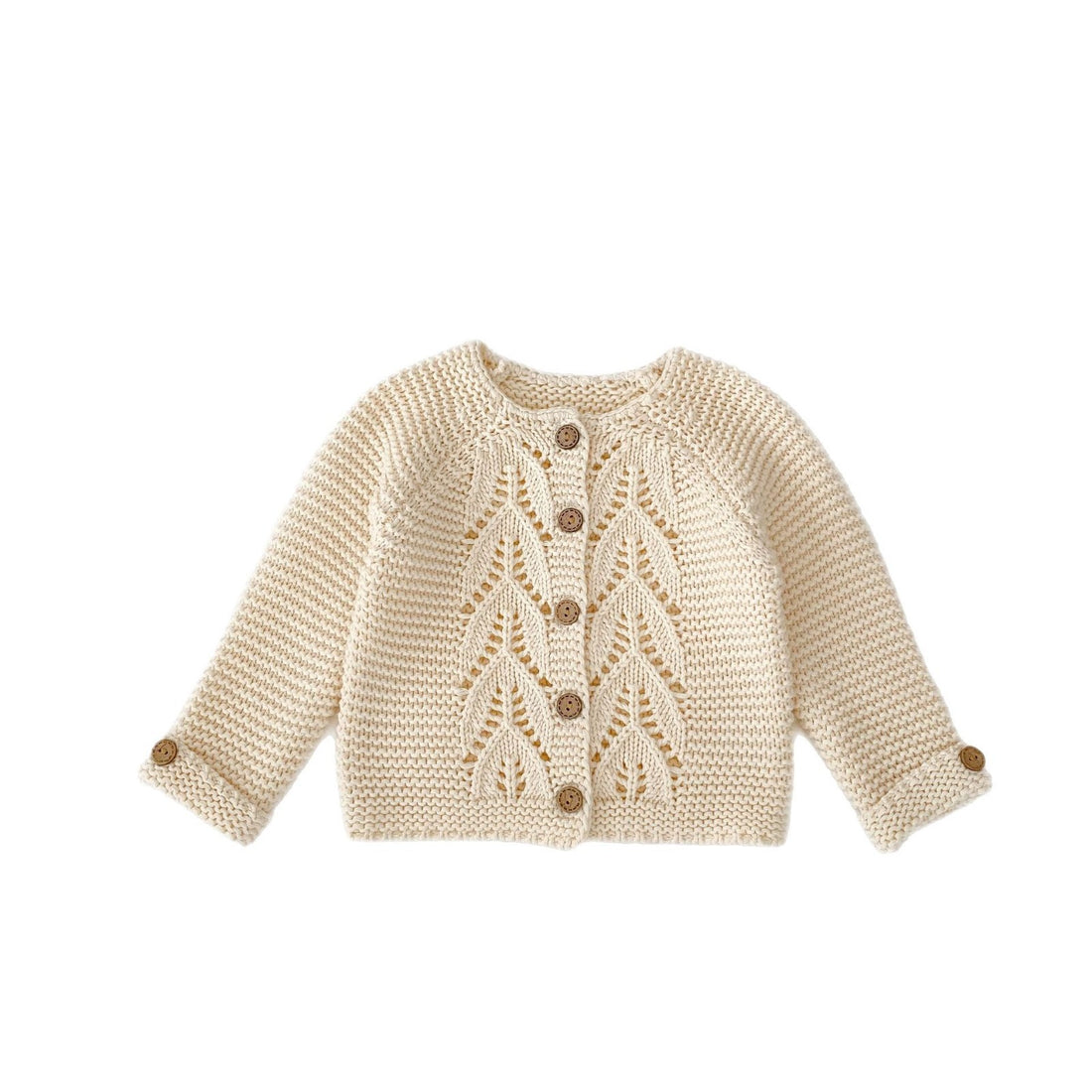 Cream heirloom knit baby girl cardigan with leaf lace detail and wooden buttons – AWA Baby