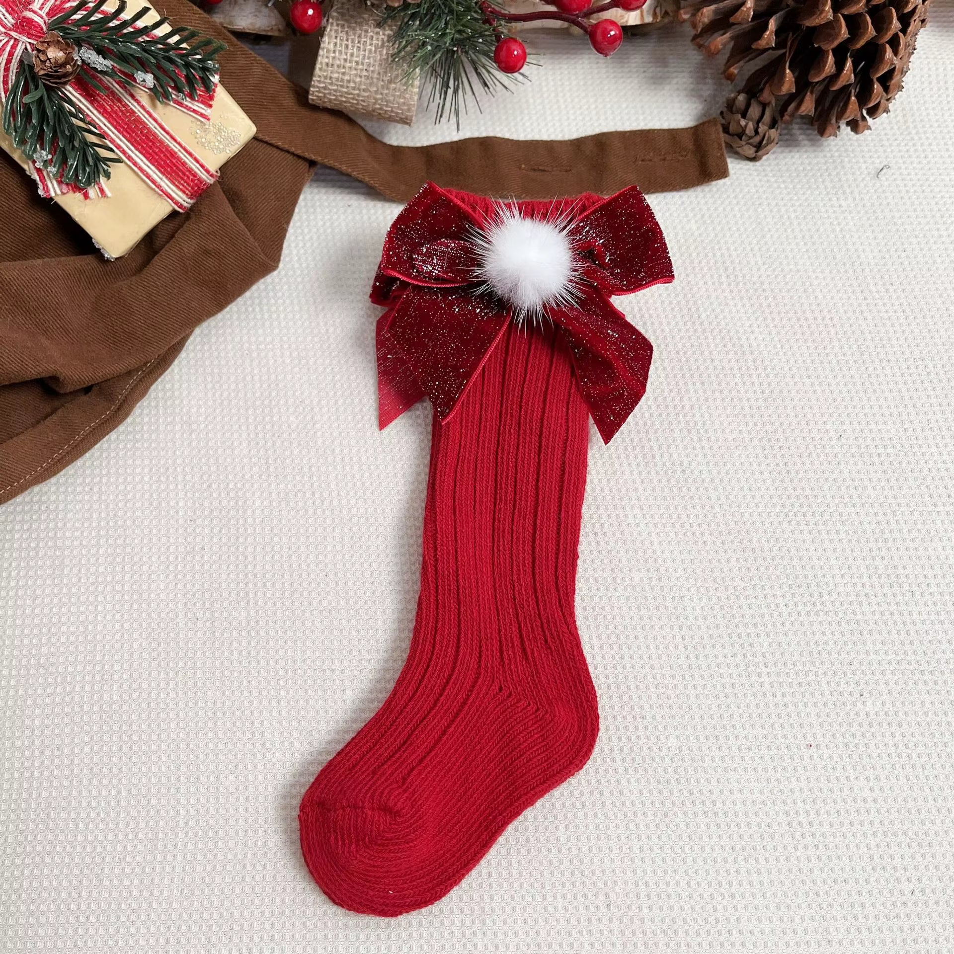 Red Christmas velvet glitter bow knee-high baby girl socks – AWA Baby Boutique