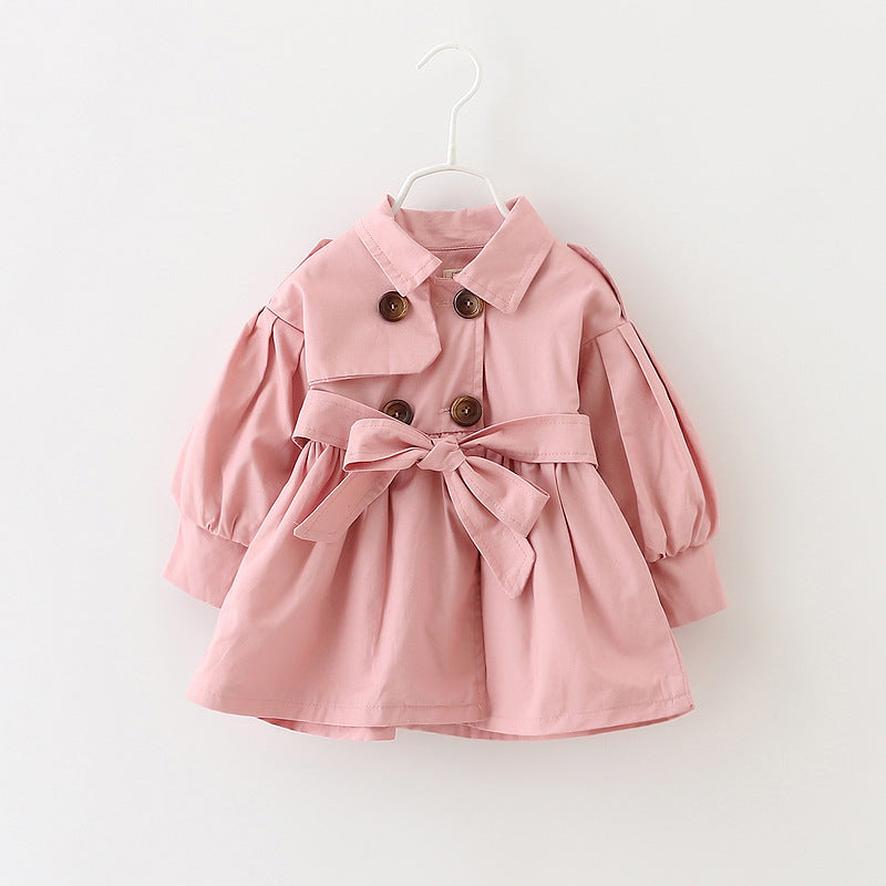 Dusty rose pink trench coat for baby girl with puff sleeves and bow belt – AWA Baby Boutique