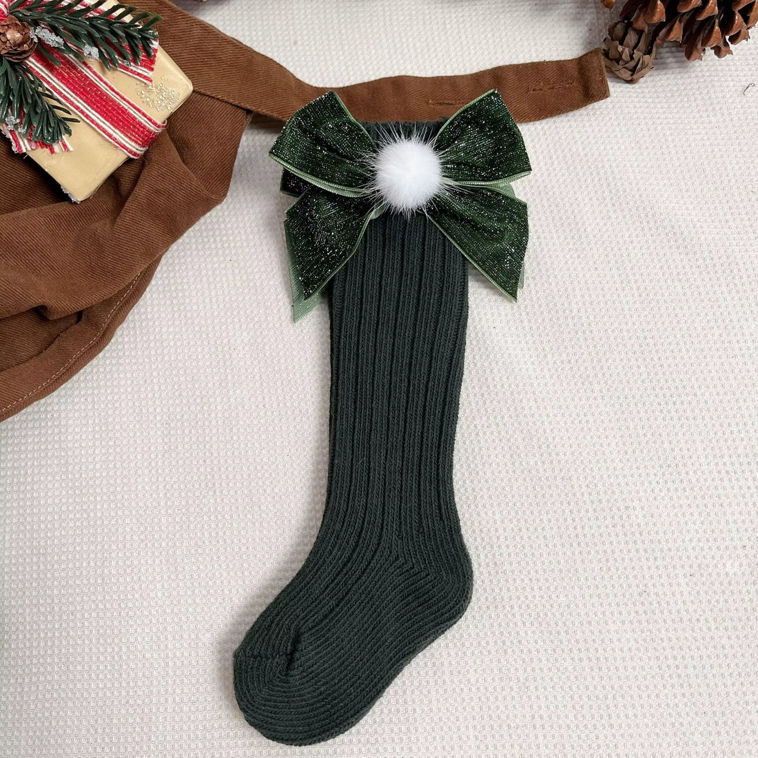 Green Christmas velvet glitter bow knee-high baby girl socks – AWA Baby Boutique