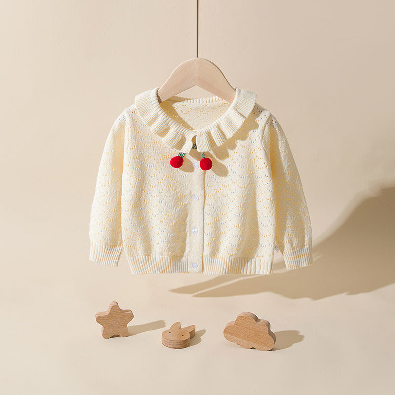 Baby girl cherry pom-pom cardigan in light apricot with ruffle collar pointelle knit – AWA Baby
