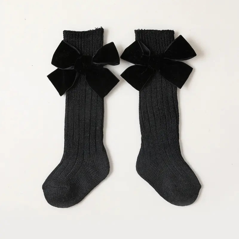 Velvet Bow Knee-High Socks – Luxury Christmas Baby Girl Socks