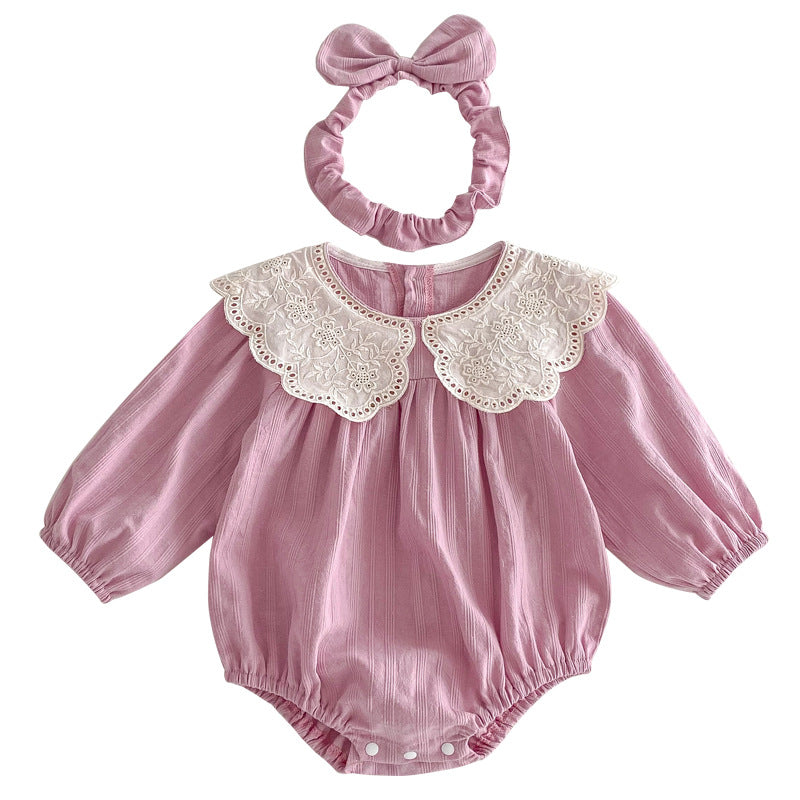 Mauve dusty rose baby girl lace collar bubble romper with matching bow headband set – AWA Baby