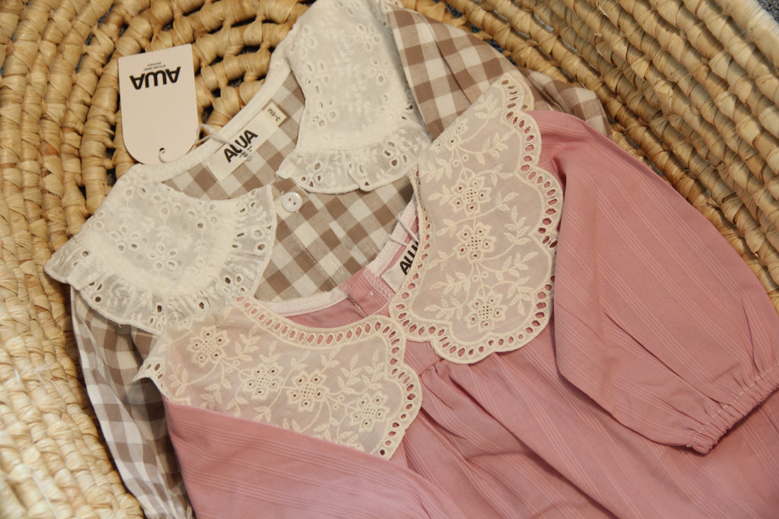 Mauve dusty rose baby girl lace collar bubble romper with matching bow headband set – AWA Baby