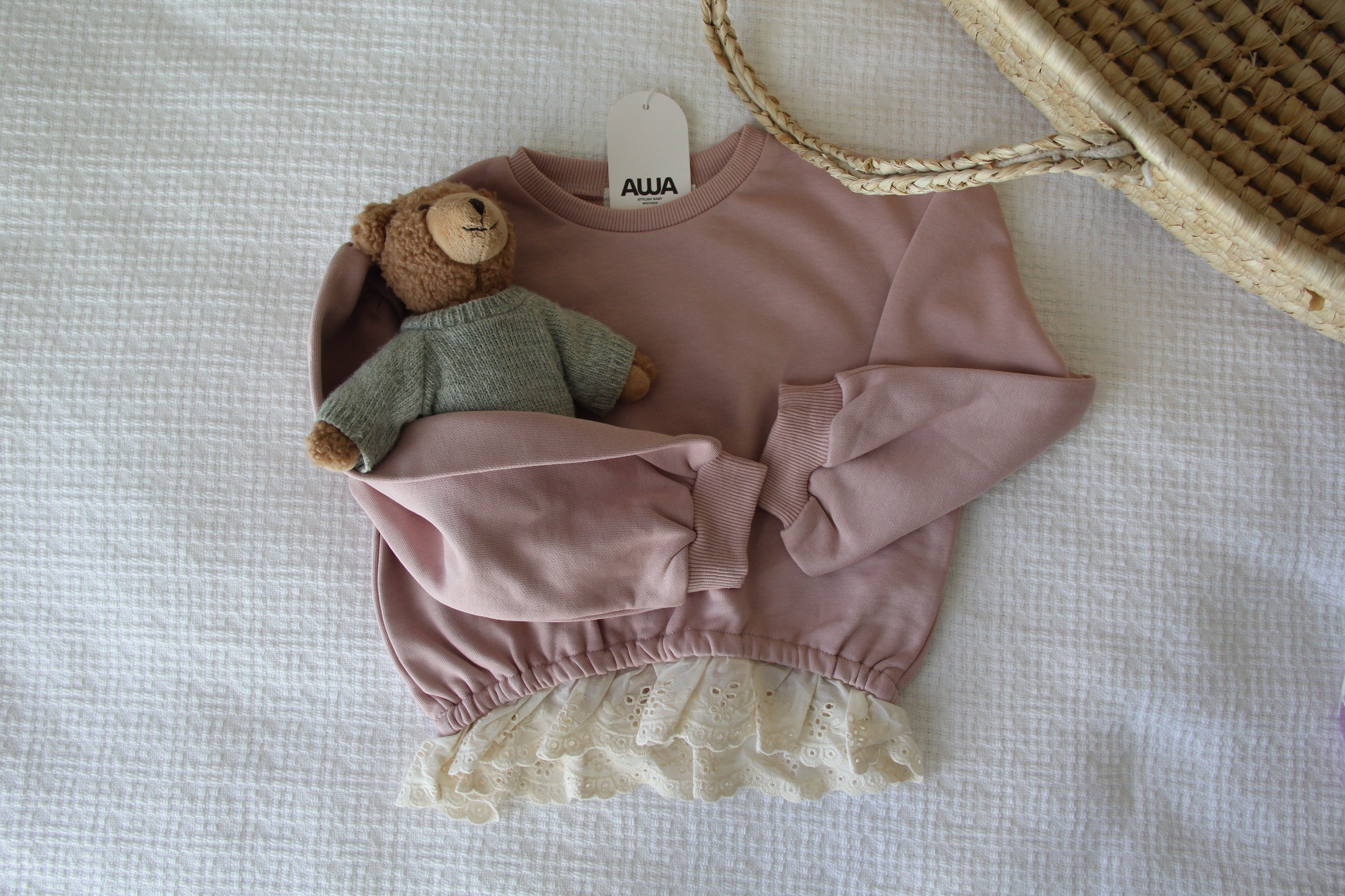 Dusty pink eyelet lace ruffle baby girl sweatshirt with broderie anglaise peplum hem – AWA Baby