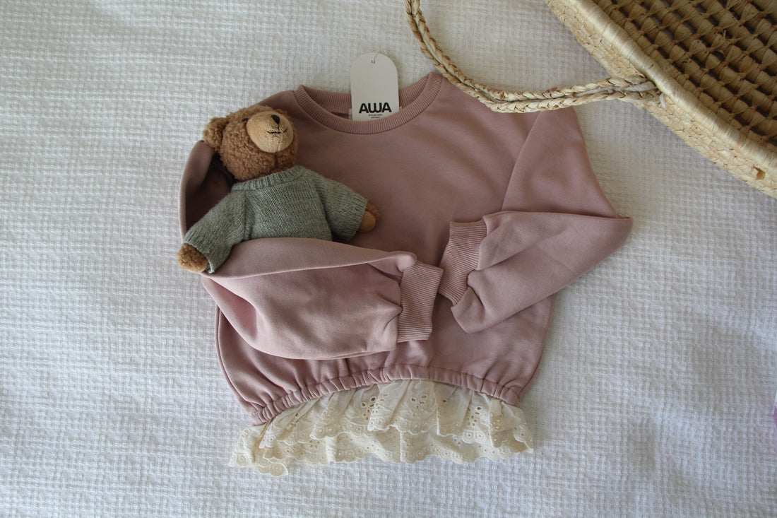 Dusty pink eyelet lace ruffle baby girl sweatshirt with broderie anglaise peplum hem – AWA Baby