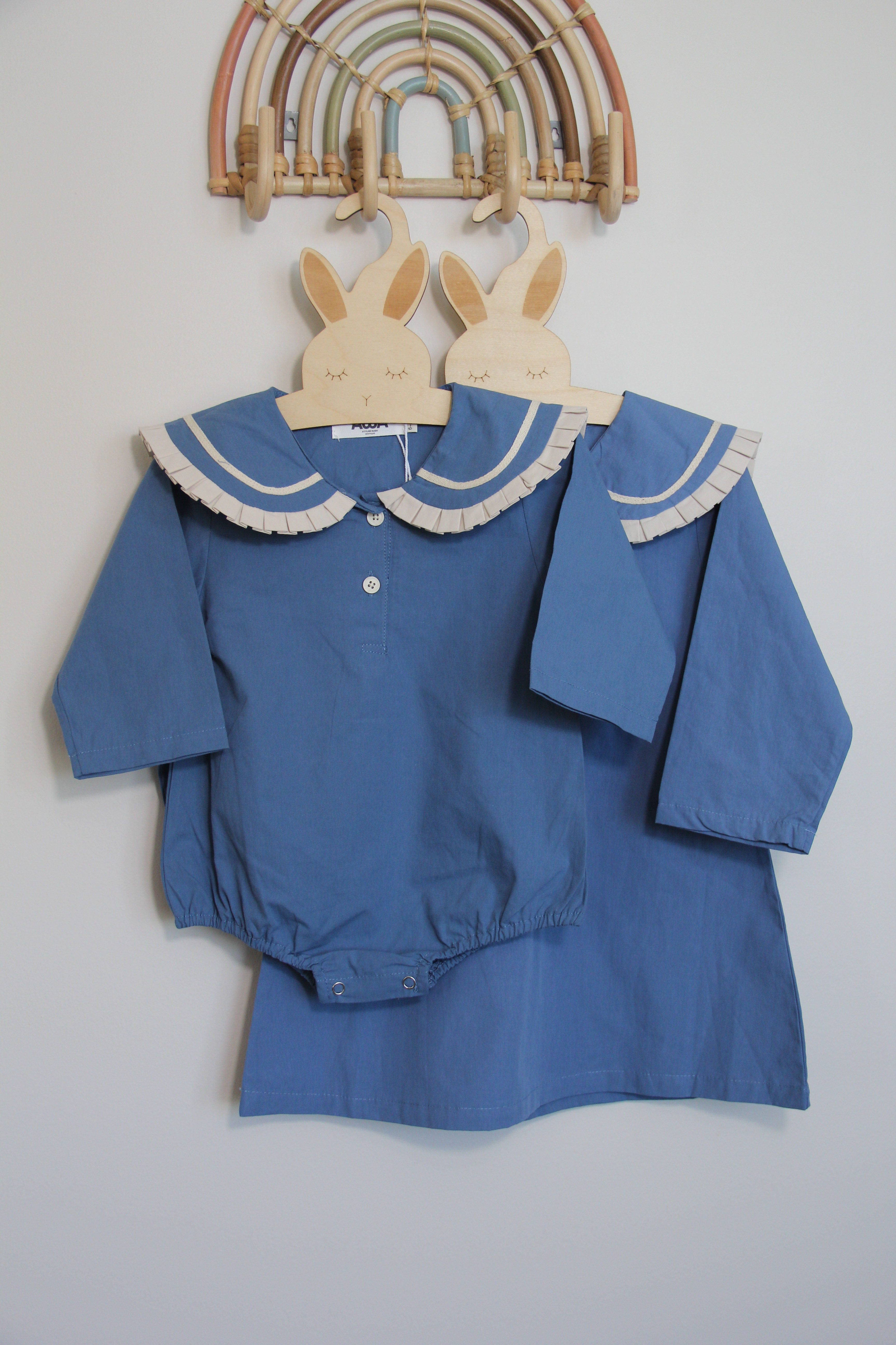 Dusty blue vintage pleated baby girl romper with Peter Pan collar – AWA Baby Boutique