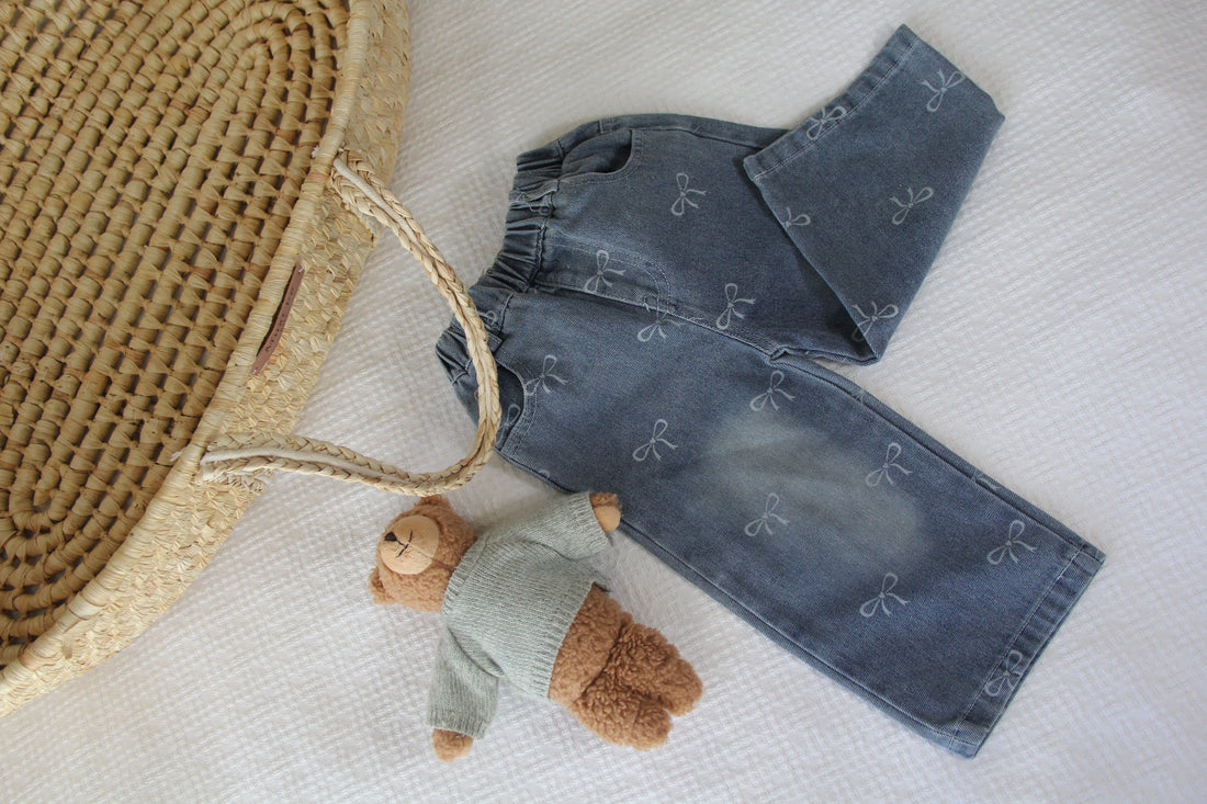 Baby girl bow print wide-leg vintage washed coquette jeans – AWA Baby Boutique