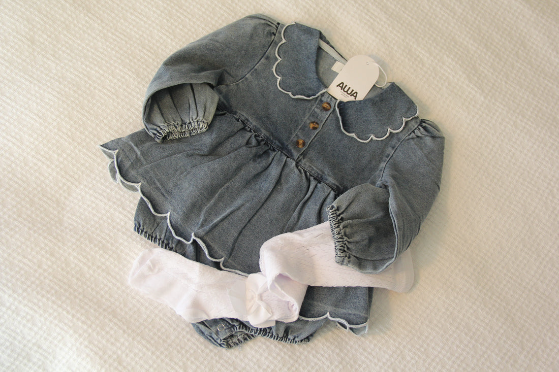 Baby girl scalloped vintage wash chambray denim romper with Peter Pan collar – AWA Baby