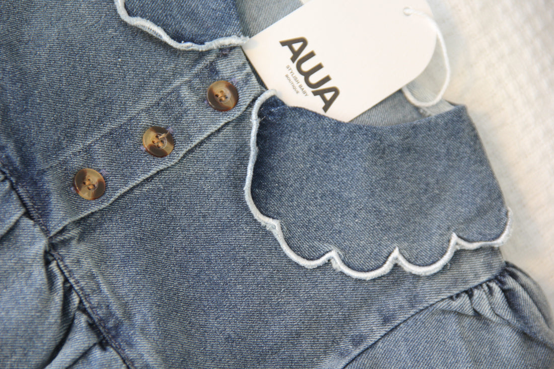 Baby girl scalloped vintage wash chambray denim romper with Peter Pan collar – AWA Baby