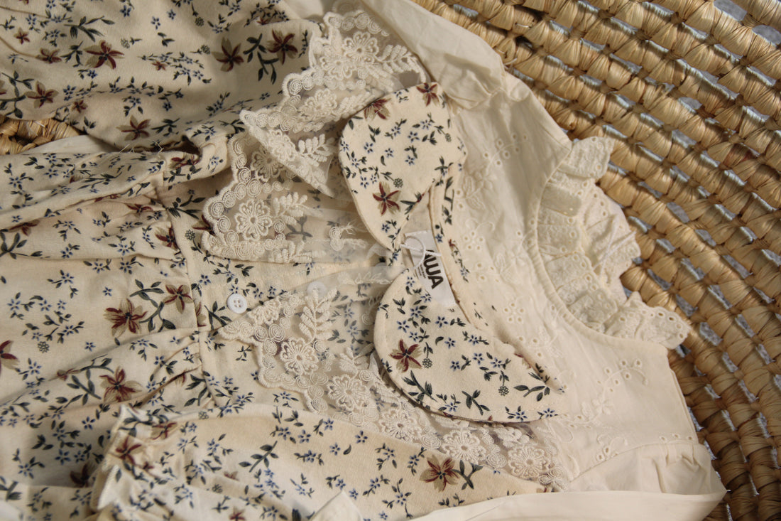 Vintage cream floral baby girl romper with lace statement collar in autumn blossom print – AWA Baby